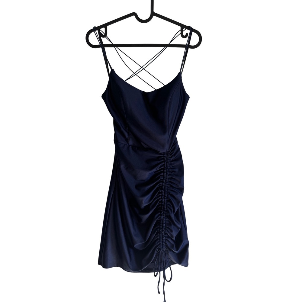 B. DARLIN Navy Blue Ruched Spaghetti Strap Criss Cross Back Mini Dress Size 7/8